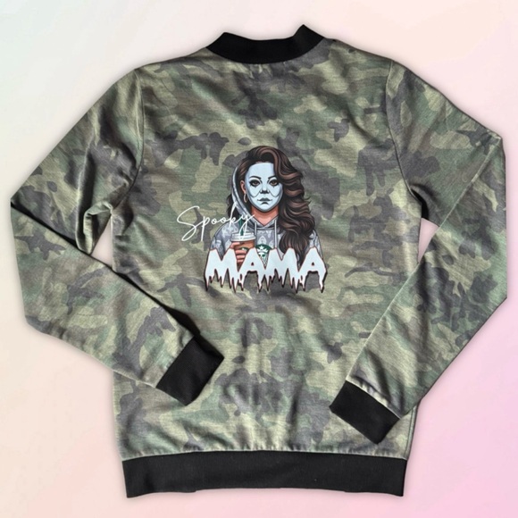 Spooky Mama, Coffee & Halloween Theme, Camo Bomber Style Jacket - Picture 1 of 16
